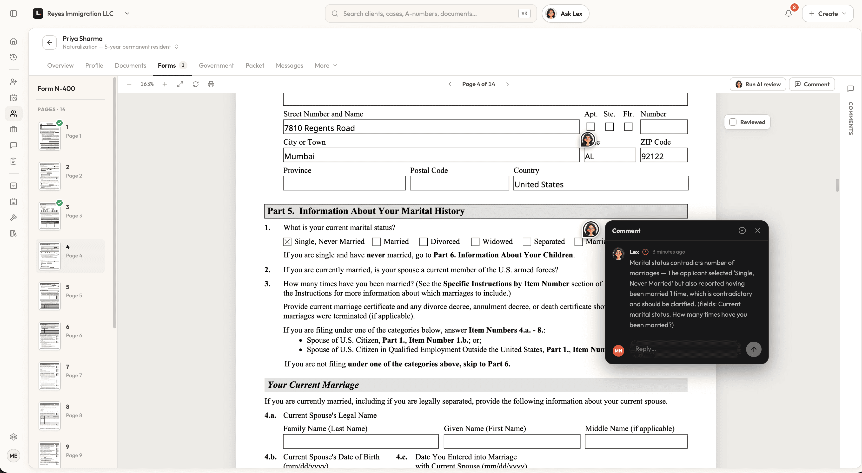 Lexfill console showing Form N-400 under review, with a comment from Lex flagging that the applicant's marital status contradicts the number of marriages reported